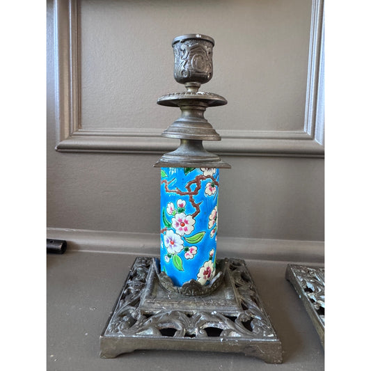 Pair Antique Emaux de Longwy Blue Floral Pottery & Metal Candlestick Holders