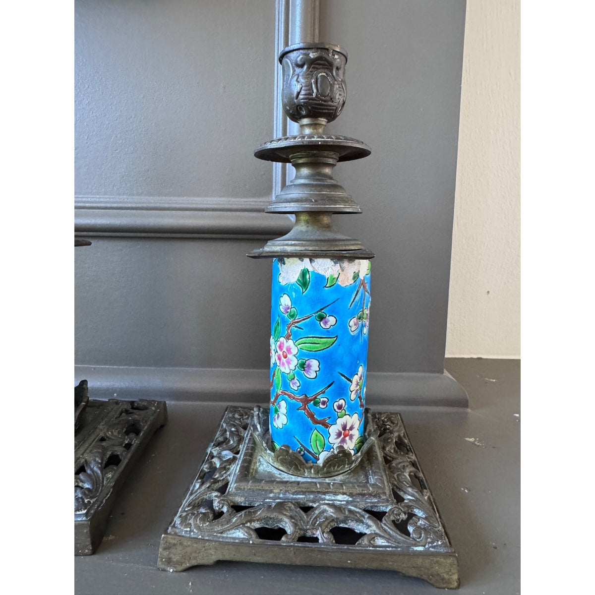 Pair Antique Emaux de Longwy Blue Floral Pottery & Metal Candlestick Holders