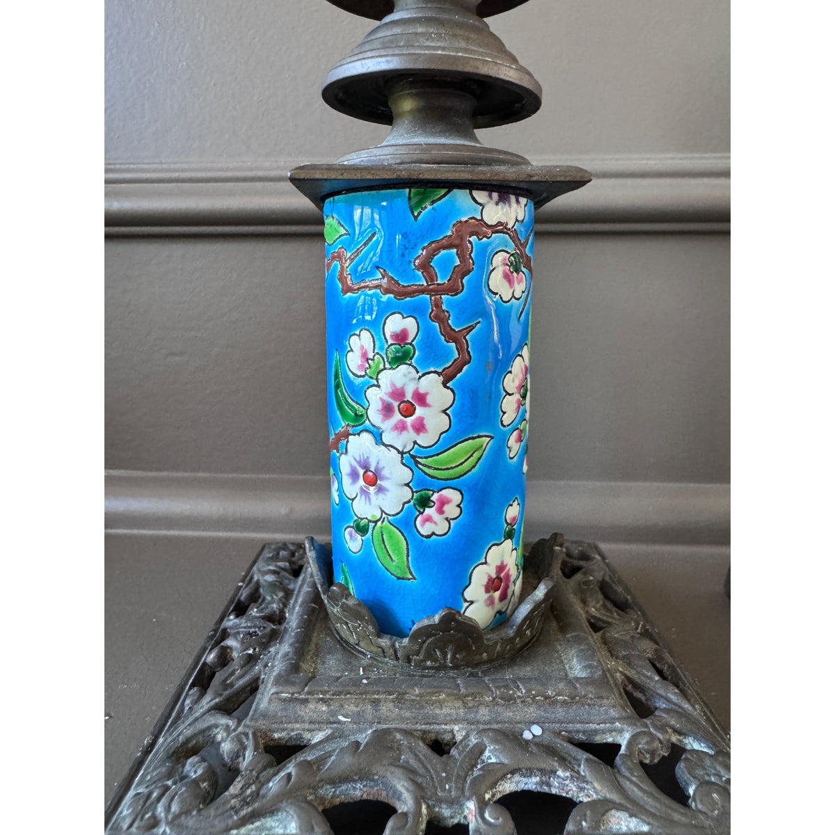 Pair Antique Emaux de Longwy Blue Floral Pottery & Metal Candlestick Holders