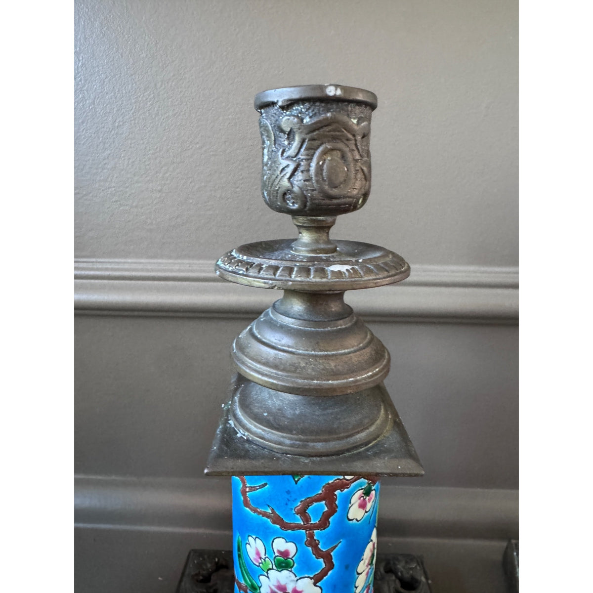 Pair Antique Emaux de Longwy Blue Floral Pottery & Metal Candlestick Holders
