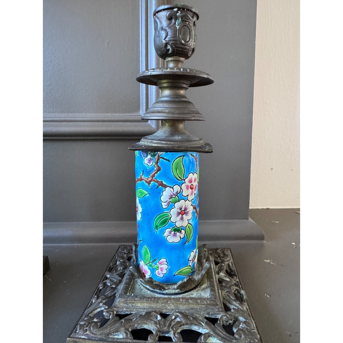 Pair Antique Emaux de Longwy Blue Floral Pottery & Metal Candlestick Holders