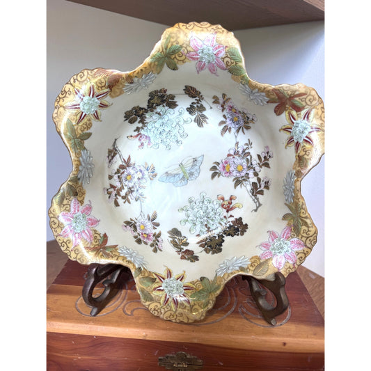 D&M New York Porcelain Bowl Scalloped Floral & Butterfly Gold Trim Decorative Dish