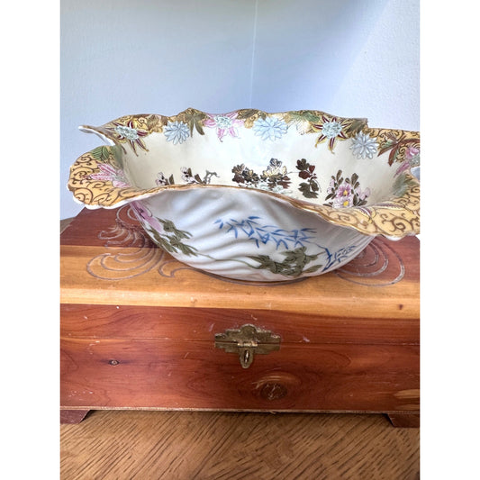 D&M New York Porcelain Bowl Scalloped Floral & Butterfly Gold Trim Decorative Dish